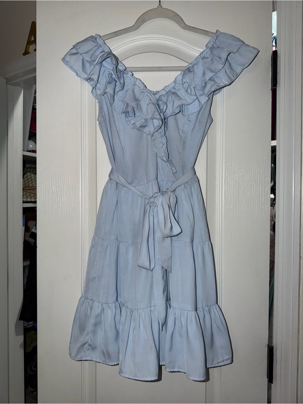 Light Blue Ruffle V-Neck Tie-Waist Dress